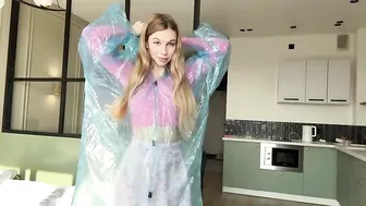 [4K] Raincoat Try-On | Blue Raincoat over a cute skirt outfit #3