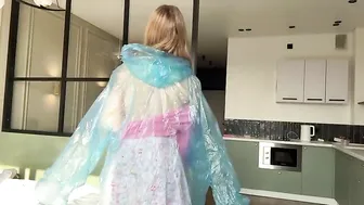 [4K] Raincoat Try-On | Blue Raincoat over a cute skirt outfit #4