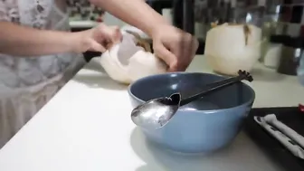 Making buko pandan dessert coconut cream and with palm fruit #2