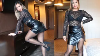 SHINY BLACK PANTYHOSE WITH SHEER PRINT TOP & FAUX LEATHER SKIRT | HOW TO STYLE WITH HOSIERY #1