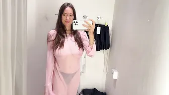 [4K] No Bra Challenge Try on Haul 2024 : Transparent Dress with Sasha 18+ #5