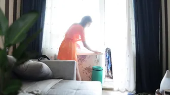 Transparent window cleaning with Tina in dress #2