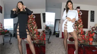 2 DOUBLE SLIT CLASSY DRESSES | HOW TO STYLE WITH HOSIERY #1