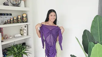 4K | Try On Haul | Day Outfit x Transparent Purpule Dress | Asian Girl Petite Body #3