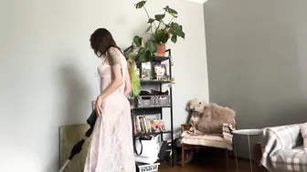 [4K USA] HOME vacuuming | TRY ON HAUL Transparent White DRESS with Janet #4