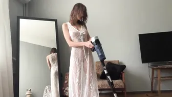 [4K USA] HOME vacuuming | TRY ON HAUL Transparent White DRESS with Janet #5