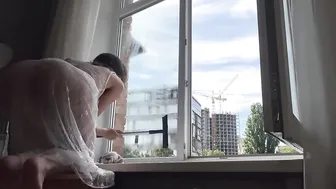 [4K USA] WINDOW cleaning| TRY ON HAUL Transparent White DRESS with Janet #2