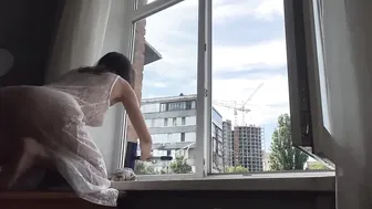 [4K USA] WINDOW cleaning| TRY ON HAUL Transparent White DRESS with Janet #3