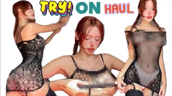 [4K] Try on Haul | Redheaded girl tries on a black mesh outfit. #1