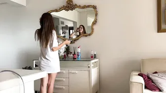 WHITE TRANSPARENT SHIRT CLEANING THE MIRROR #4