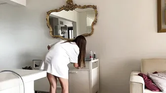 WHITE TRANSPARENT SHIRT CLEANING THE MIRROR #5