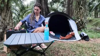 YOUNG GIRL SOLO OVERNIGHT CAMPING IN FOREST - beauty take a shower under palm tree - ASMR nature #3